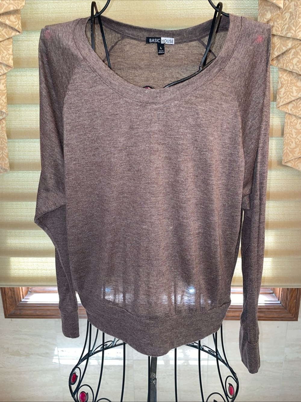 Basic House Brown Long Sleeve Stretch Top with Dolman Sleeves Size Large